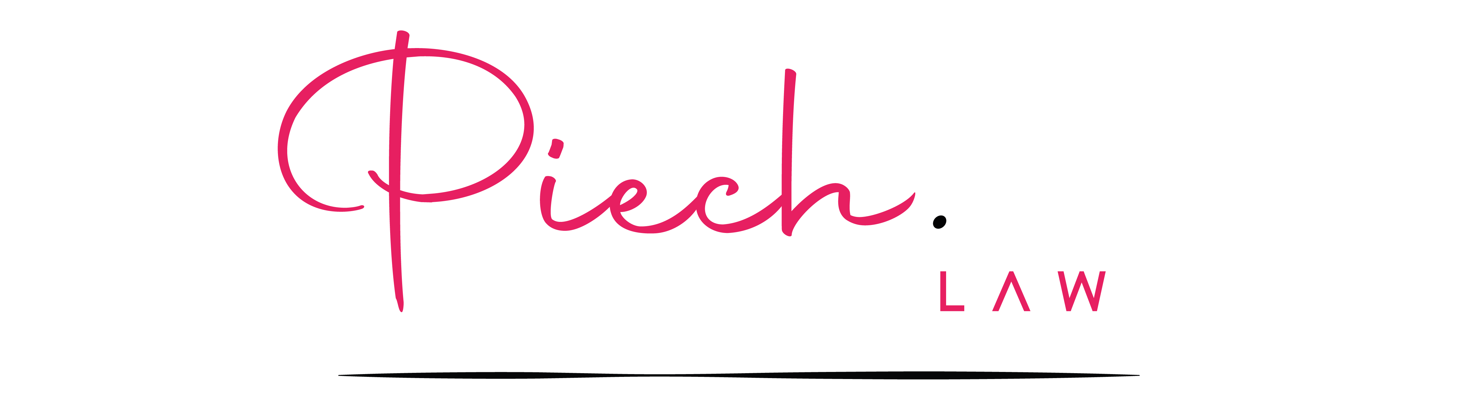 Das Logo von Piech.Law in Rosa und Schwarz. Das Logo ist teils Handschriftlich, teils kantige Großbuchstaben mit eine Strich darunter.